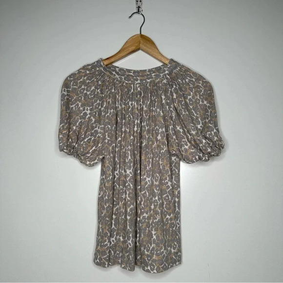 Maeve Anthropologie Leopard Puff Sleeve 100% Linen Top Size XS - Picture 3 of 10